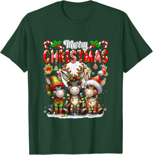 Merry Christmas Three Santa Reindeer Elf Donkeys Colorful T-Shirt - T-Shirt | Forest