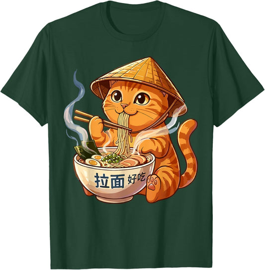 Cute Orange Cat Eating Ramen T-Shirt - T-Shirt | Forest