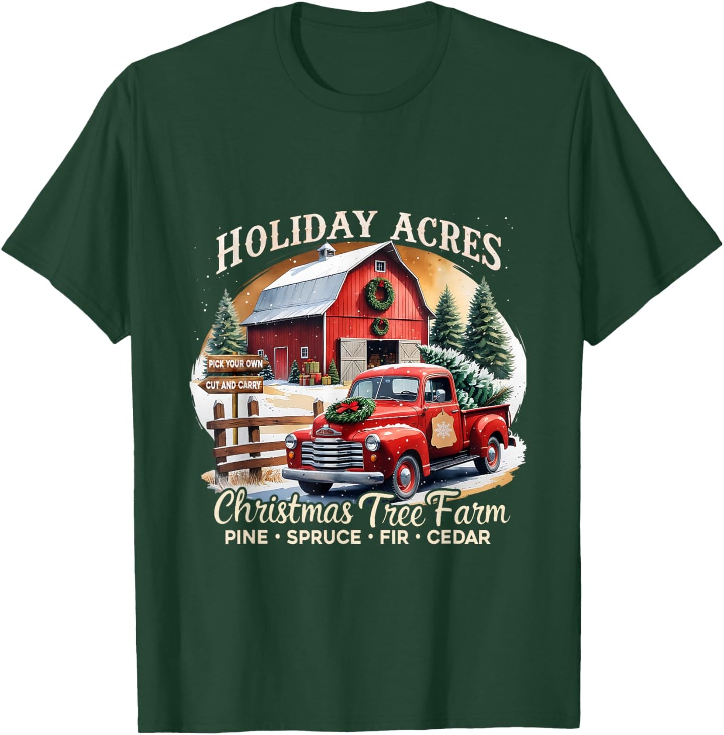 Vintage Red Truck Holiday Acres Christmas Tree Farm T-Shirt - T-Shirt | Forest