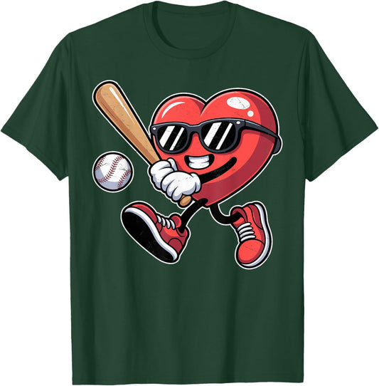 Valentines Day Heart Playing Baseball Boys Men Kids Girls T-Shirt - T-Shirt | Forest