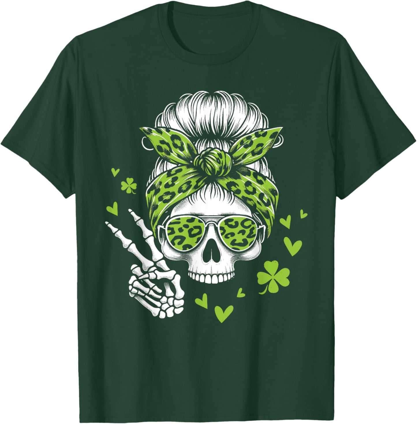 Skull St Patricks Day Shamrock Messy Hair Bun Irish Women T-Shirt - T-Shirt | Forest