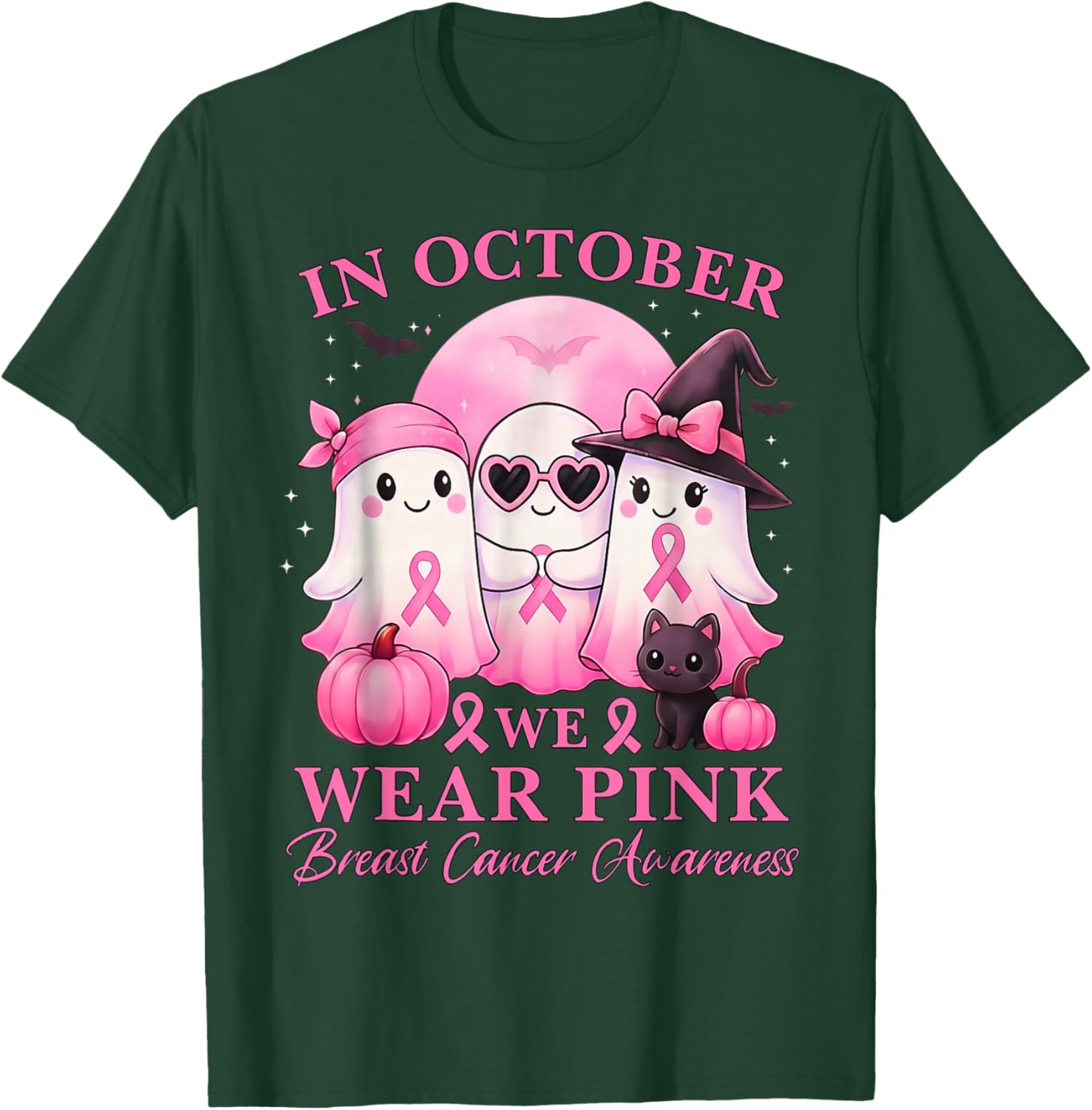 in October We Wear Pink Ghost Squad Breast Cancer Awareness T-Shirt - T-Shirt | Forest