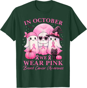 in October We Wear Pink Ghost Squad Breast Cancer Awareness T-Shirt - T-Shirt | Forest