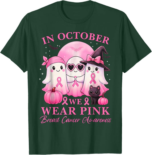 in October We Wear Pink Ghost Squad Breast Cancer Awareness T-Shirt - T-Shirt | Forest