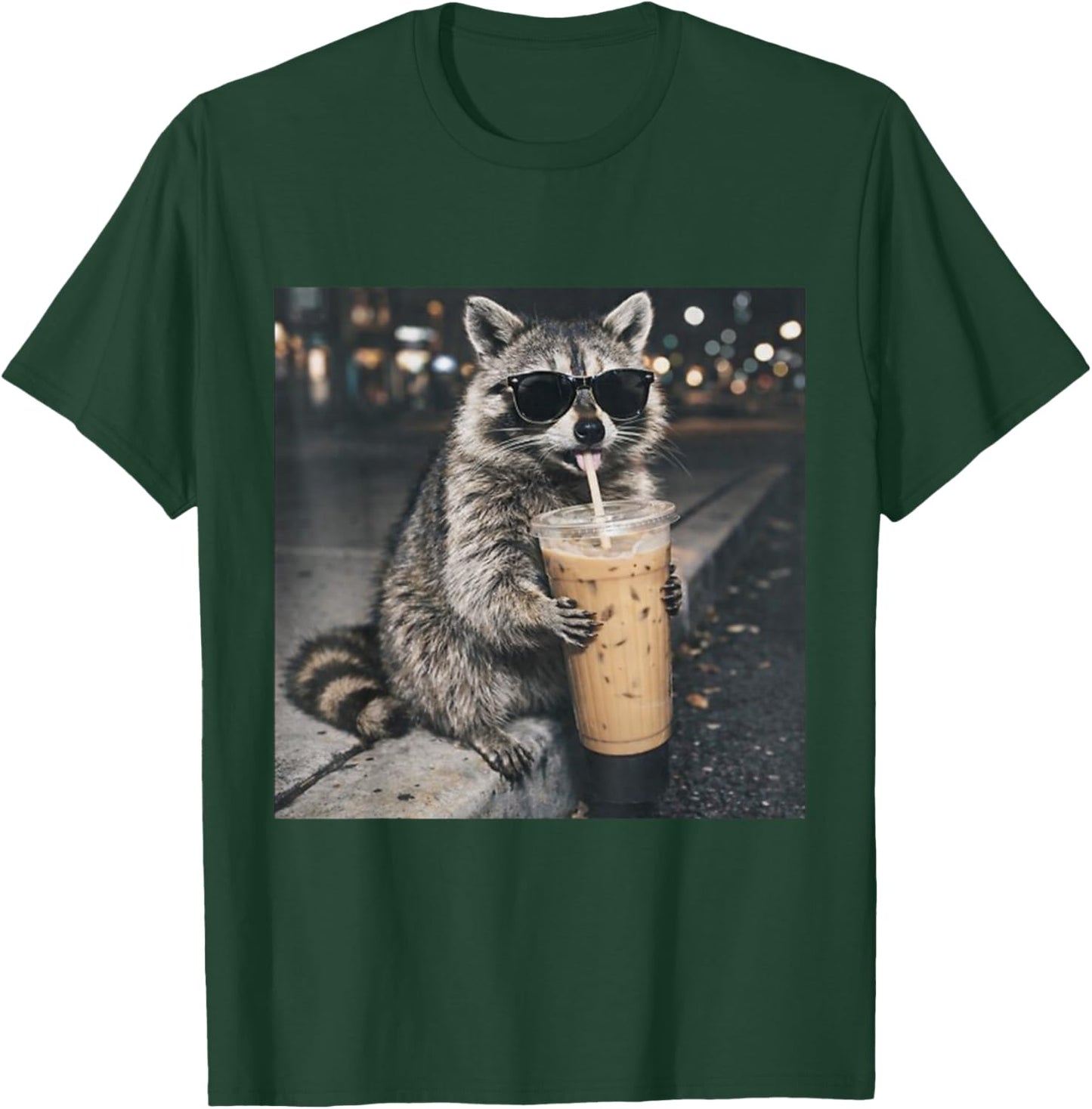 Raccoon Drinking Iced Coffee Funny Animal Meme Men Women T-Shirt - T-Shirt | Forest