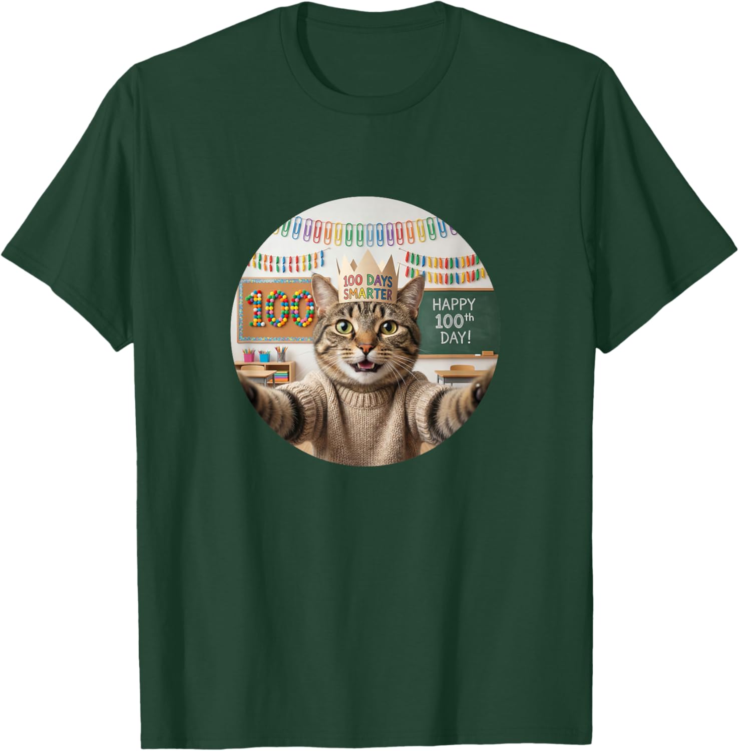 Happy 100th Day of School Cat Selfie 100 Days Smarter T-Shirt - T-Shirt | Forest