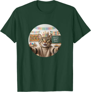 Happy 100th Day of School Cat Selfie 100 Days Smarter T-Shirt - T-Shirt | Forest