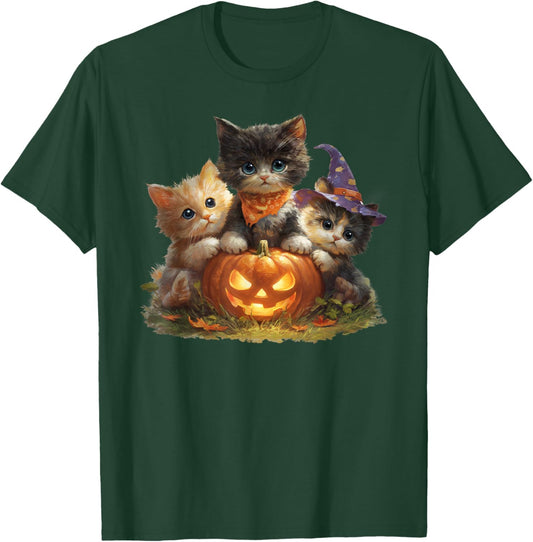 Vintage Kittens Pumpkin Cute Cat Spooky Season Halloween T-Shirt - T-Shirt | Forest