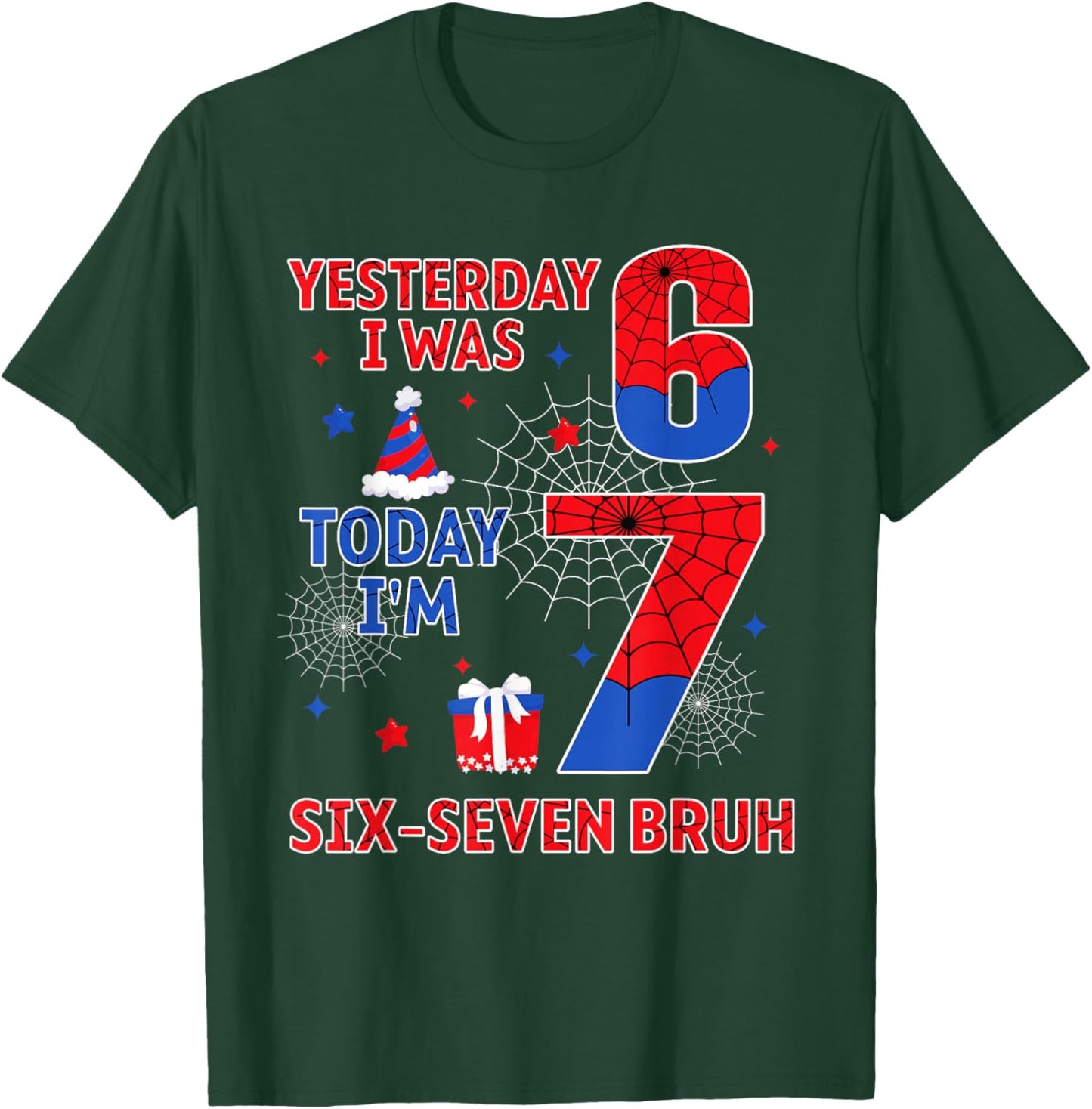 I was 6 Now I'm 7 7th Spider Theme Birthday Boy 7 Year Old T-Shirt - T-Shirt | Forest