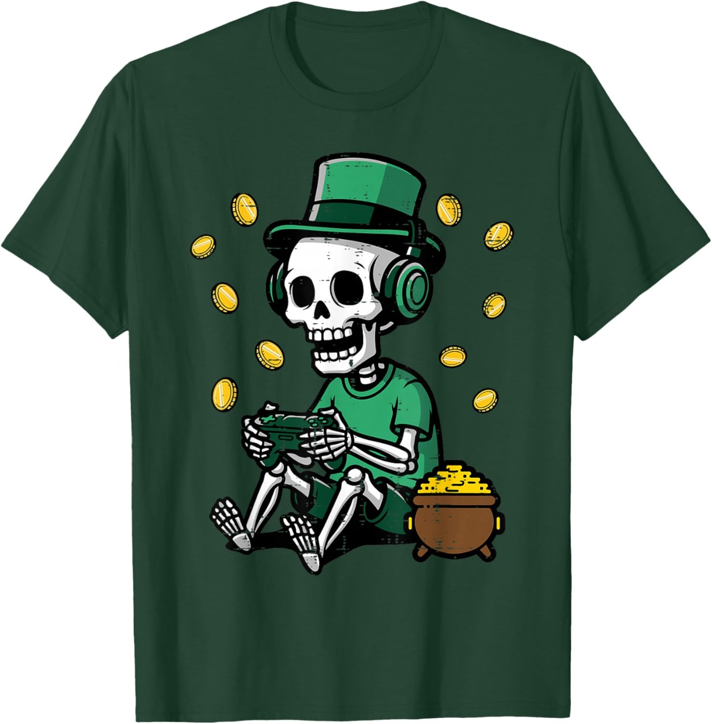 St Patricks Day Gamer Skeleton Saint Paddys Men Boys Kids T-Shirt - T-Shirt | Forest