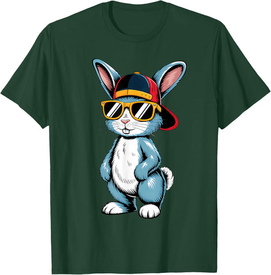 Bunny Face with Sunglasses Cap Easter Day for Boys Men Kids T-Shirt - T-Shirt | Forest