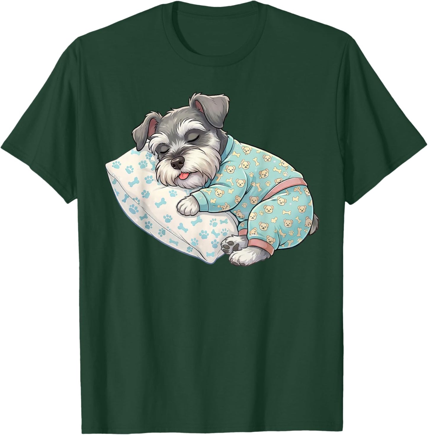 Cute Miniature Schnauzer Dog Sleeping in Pajamas Bedtime Art T-Shirt - T-Shirt | Forest