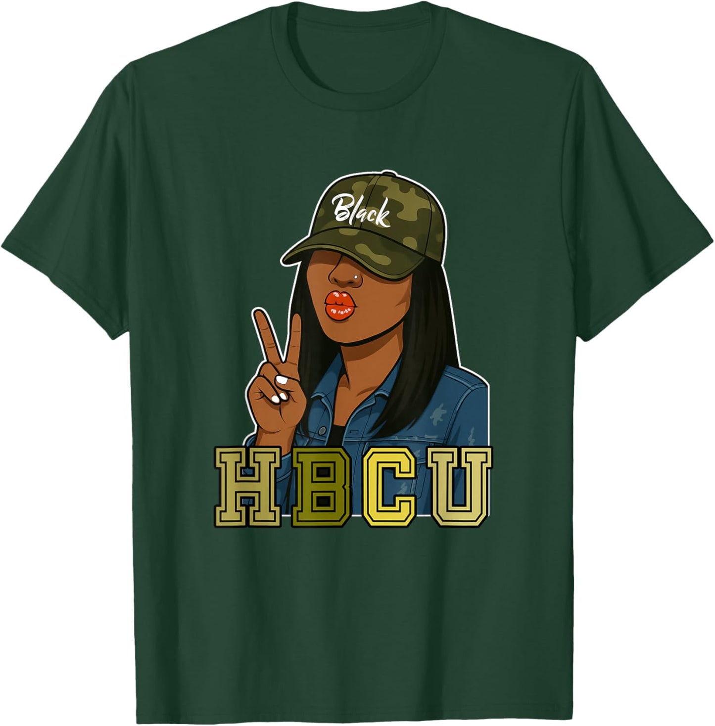 HBCU Camo Hat Peace Sign Black Woman Grad T-Shirt - T-Shirt | Forest
