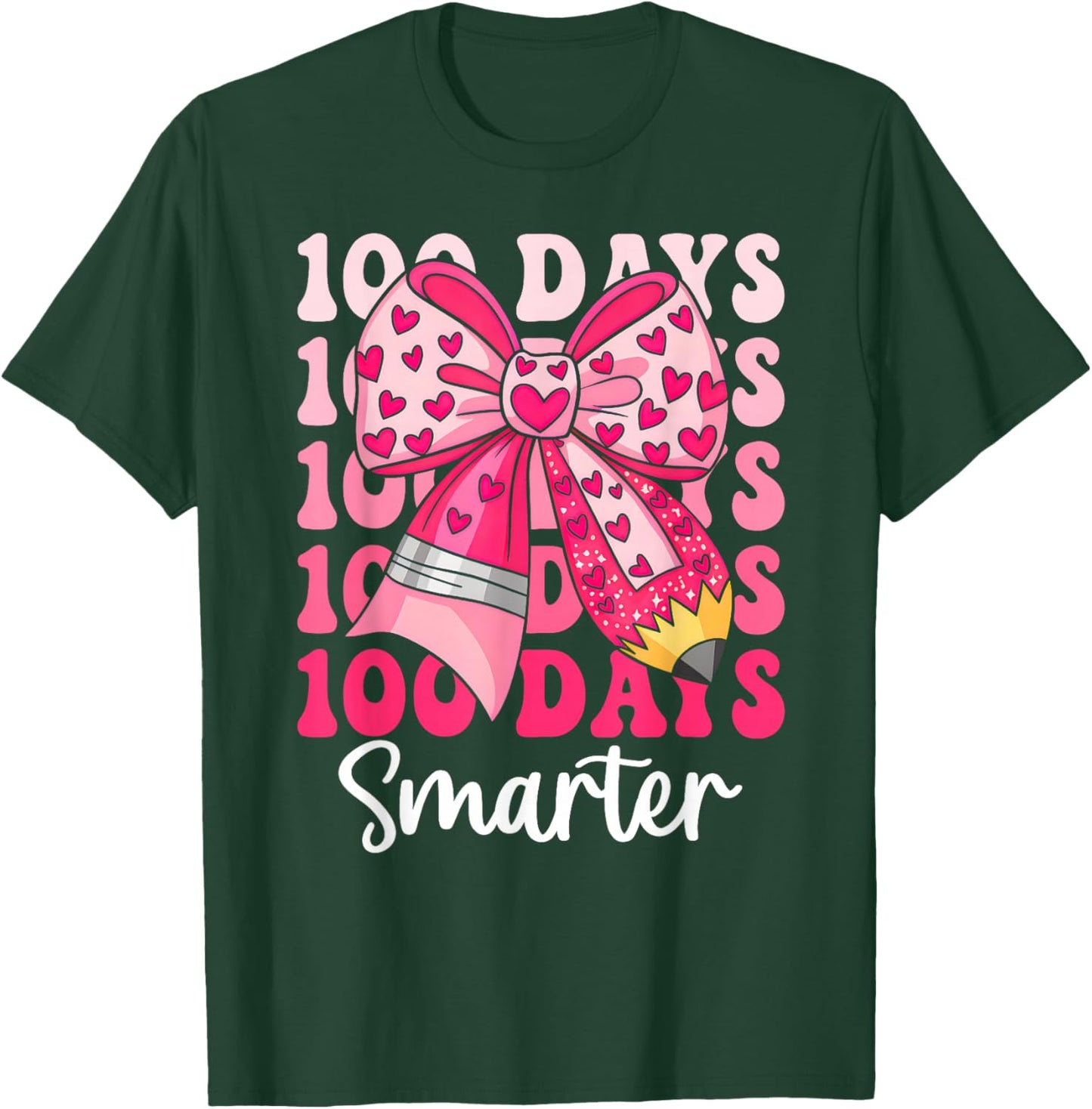 100 Days Smarter Coquette Bow Girls Kids 100th Day of School T-Shirt - T-Shirt | Forest