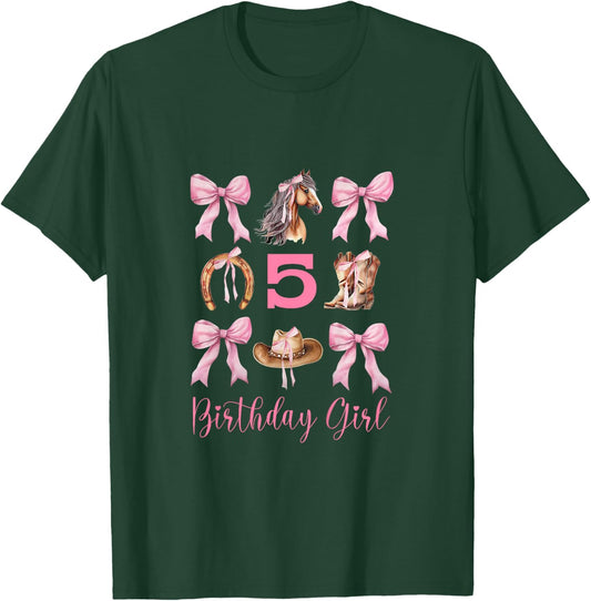 5th Birthday Western Pink Cowgirl Horse Coquette Bow Girl T-Shirt - T-Shirt | Forest