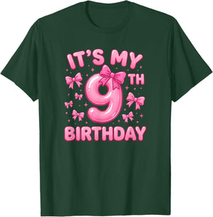 9th Birthday Girl Coquette Bow Pink Aesthetic T-Shirt - T-Shirt | Forest