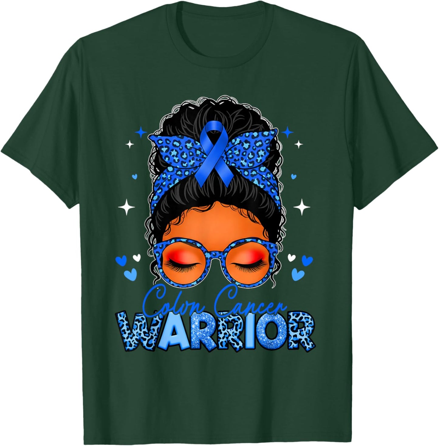 Colon Cancer Warrior Blue Messy Bun Colon Cancer Awareness T-Shirt - T-Shirt | Forest