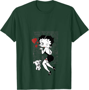 Women's Betty Boop Betty and Pudgy Comic Kiss Hearts V-Neck T-Shirt - T-Shirt | Forest