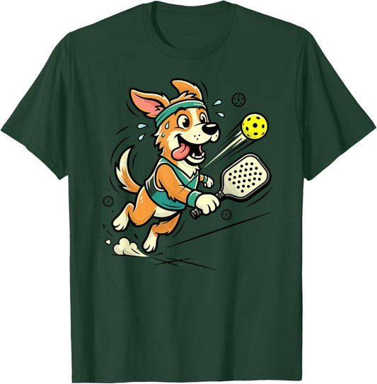 Dog Playing Pickleball Retro Cartoon Puppy Athlete T-Shirt - T-Shirt | Forest