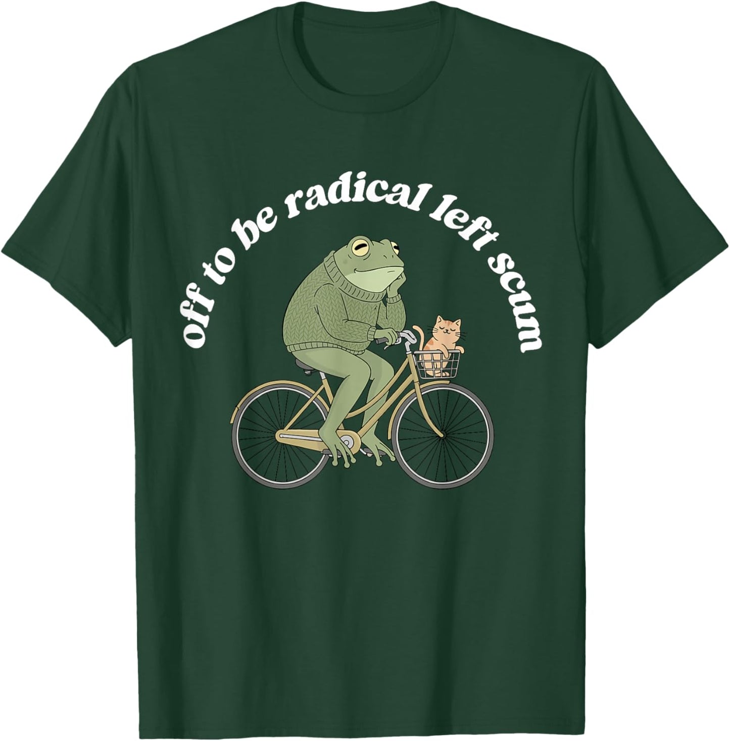 Off to Be Radical Left Funny Cum Frog and Cat Bicycle Print T-Shirt - T-Shirt | Forest