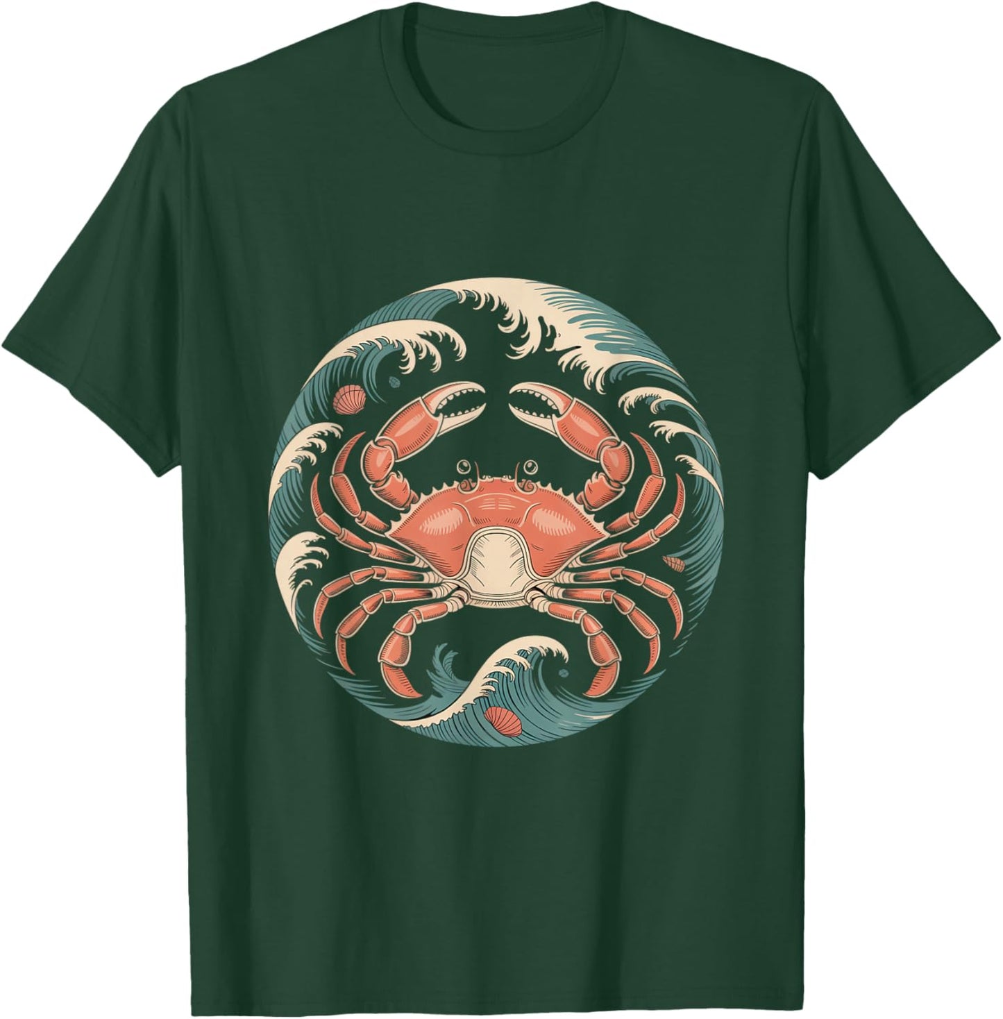 Vintage Red Crab with Ocean Waves Circle T-Shirt - T-Shirt | Forest