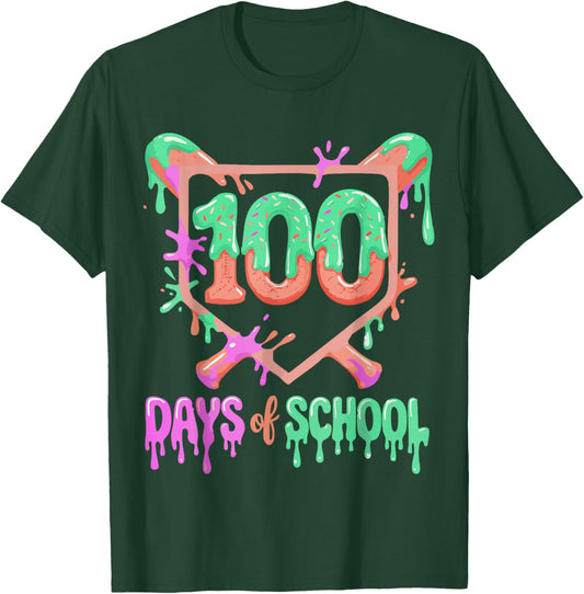 100 Days of School Baseball Ice Cream Drip 100th Day Player T-Shirt - T-Shirt | Forest