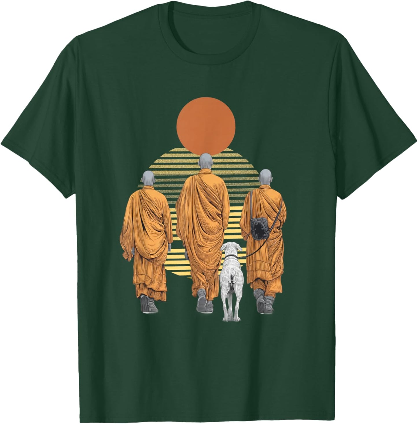 Three Monks and Aloka Dog Spiritual Zen Art Peaceful T-Shirt - T-Shirt | Forest
