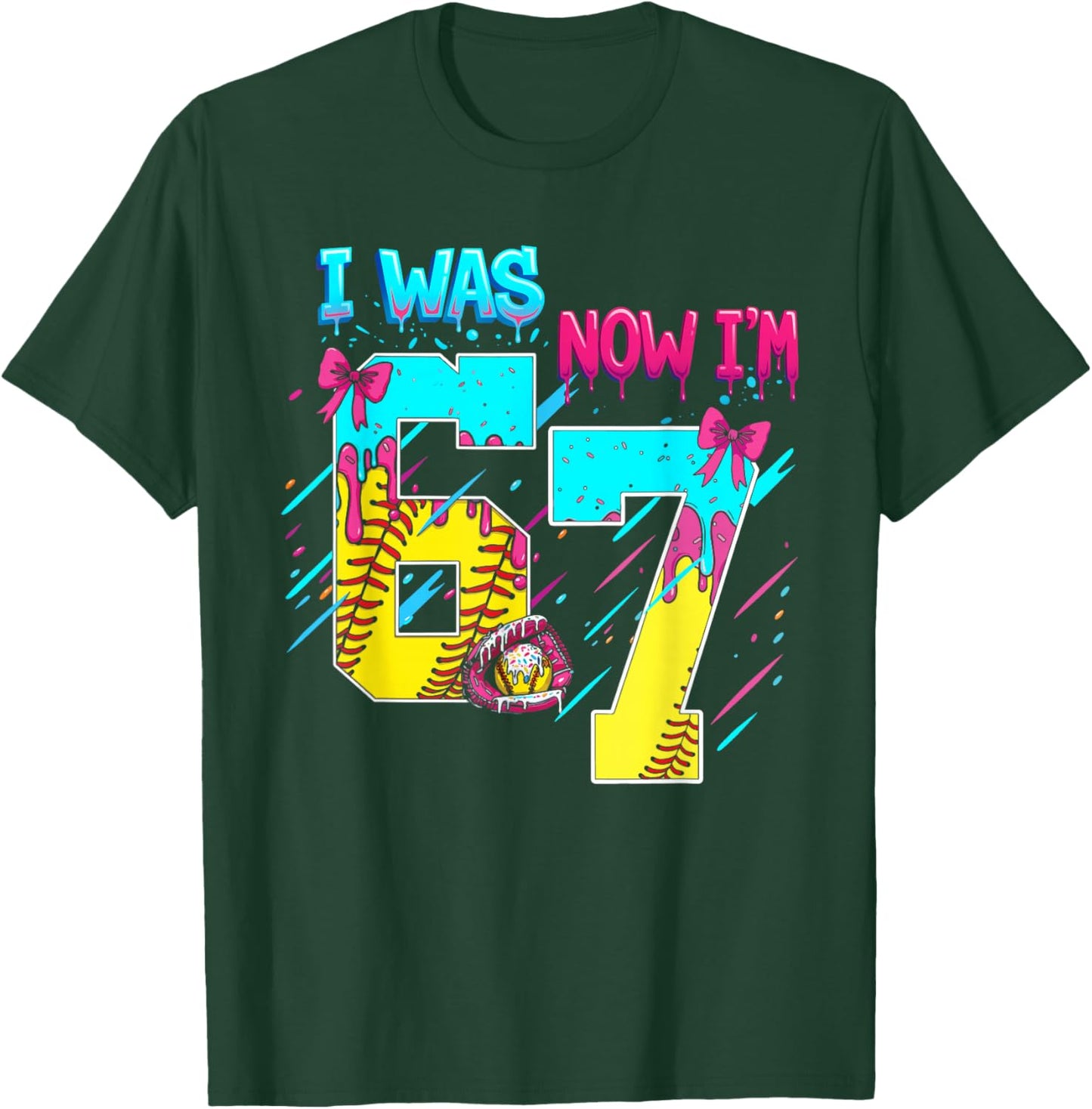 I was 6 Now I'm 7 Softball 67 Ice Cream Drip T-Shirt - T-Shirt | Forest