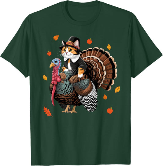 Cat Pilgrim Costume Thanksgiving Turkey Men Women Girls Kids T-Shirt - T-Shirt | Forest