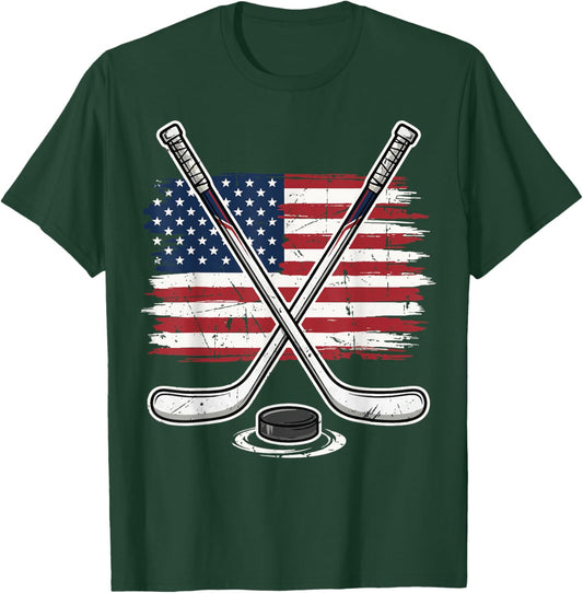 Ice Hockey USA Flag T-Shirt - T-Shirt | Forest