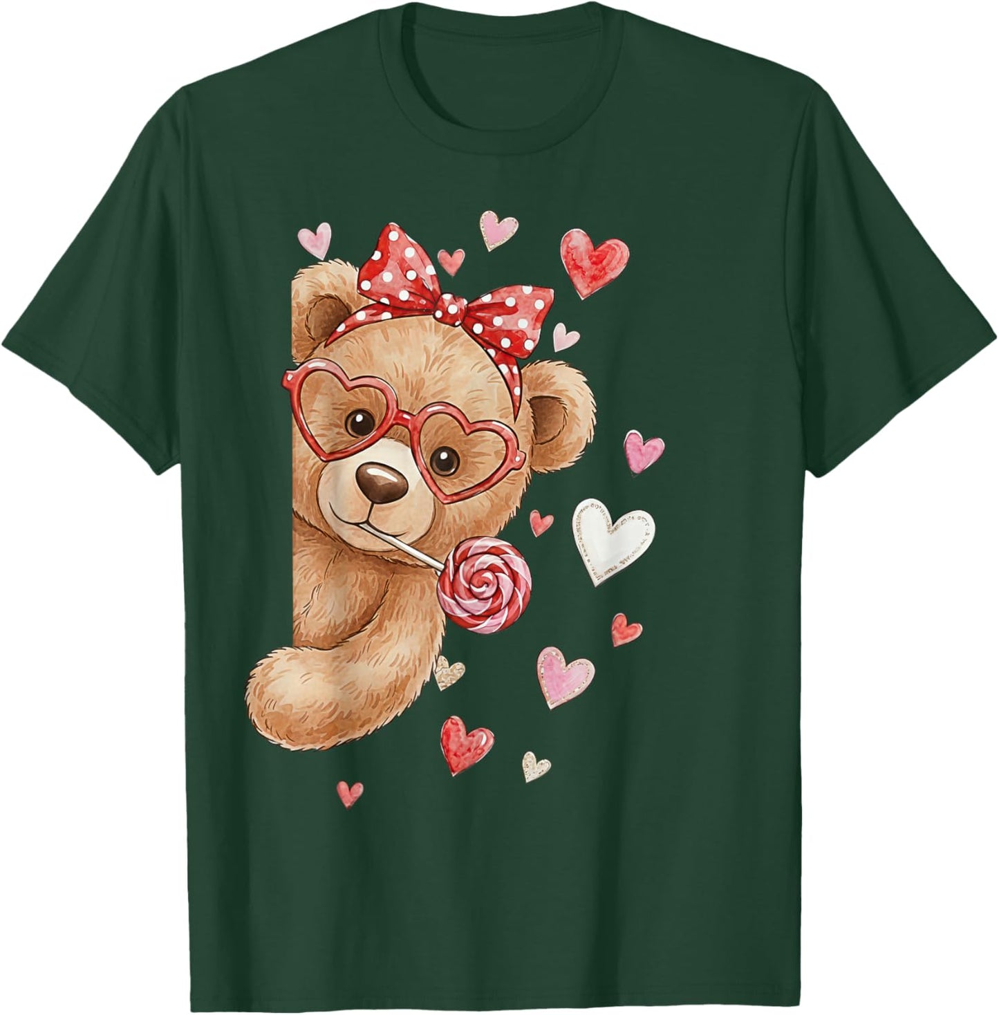 Teddy Bear Heart Glasses Cute Valentines Day Lollipop Humor T-Shirt - T-Shirt | Forest