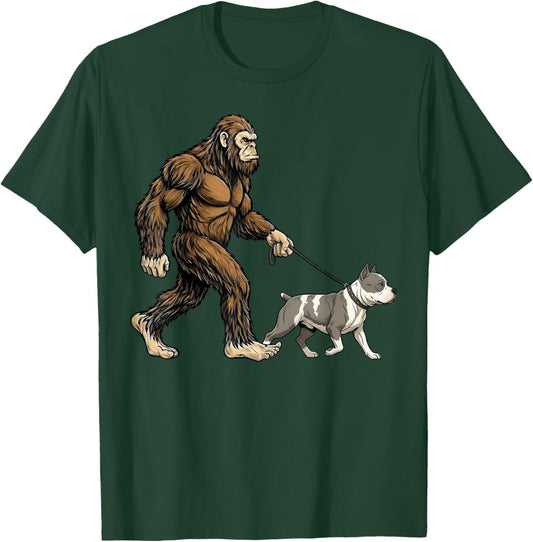 Bigfoot Walking American Bully Dog Funny Sasquatch Pet Lover T-Shirt - T-Shirt | Forest