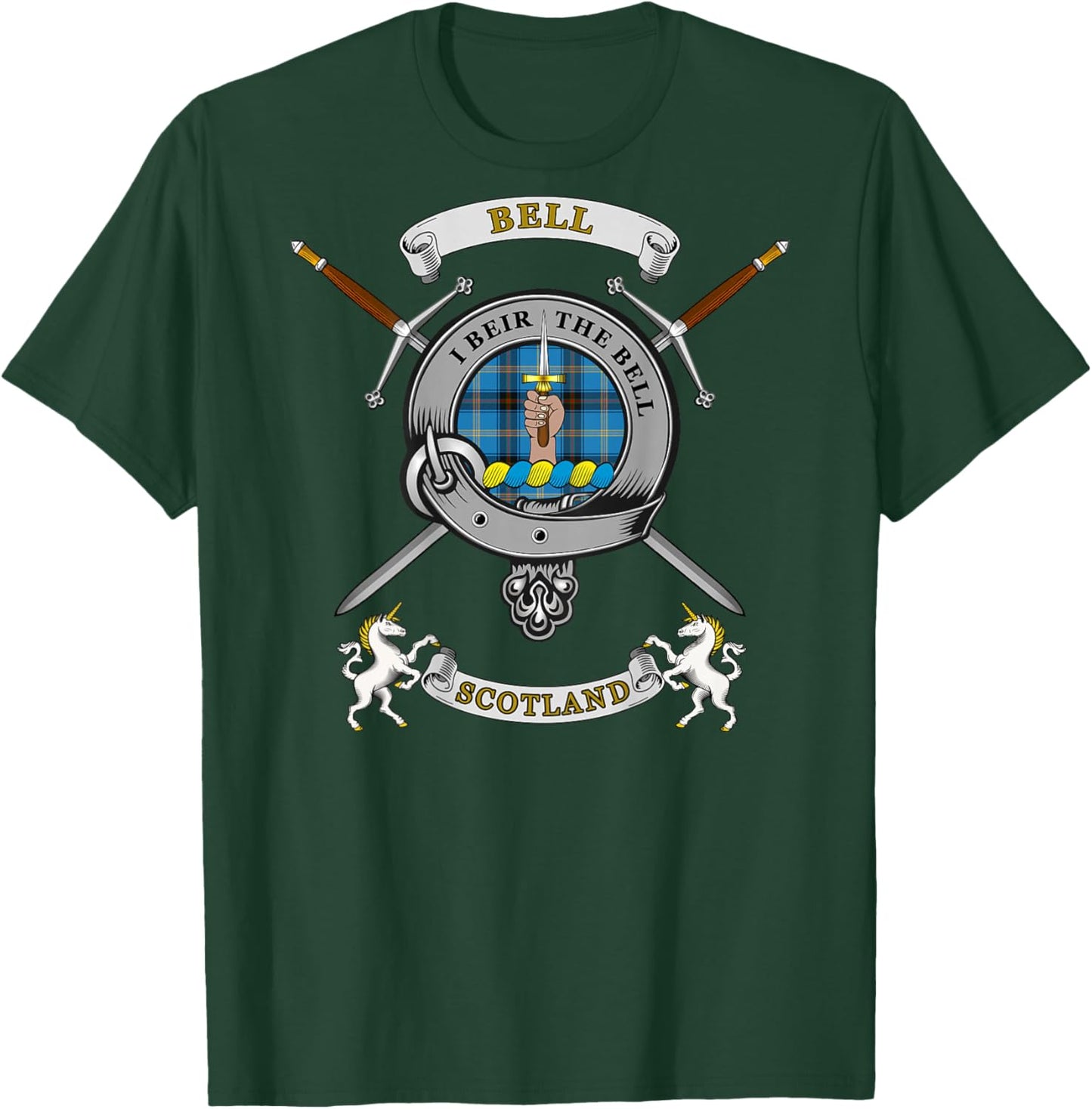 Bell Scottish Clan Badge Tartan & Swords (Back) T-Shirt - T-Shirt | Forest