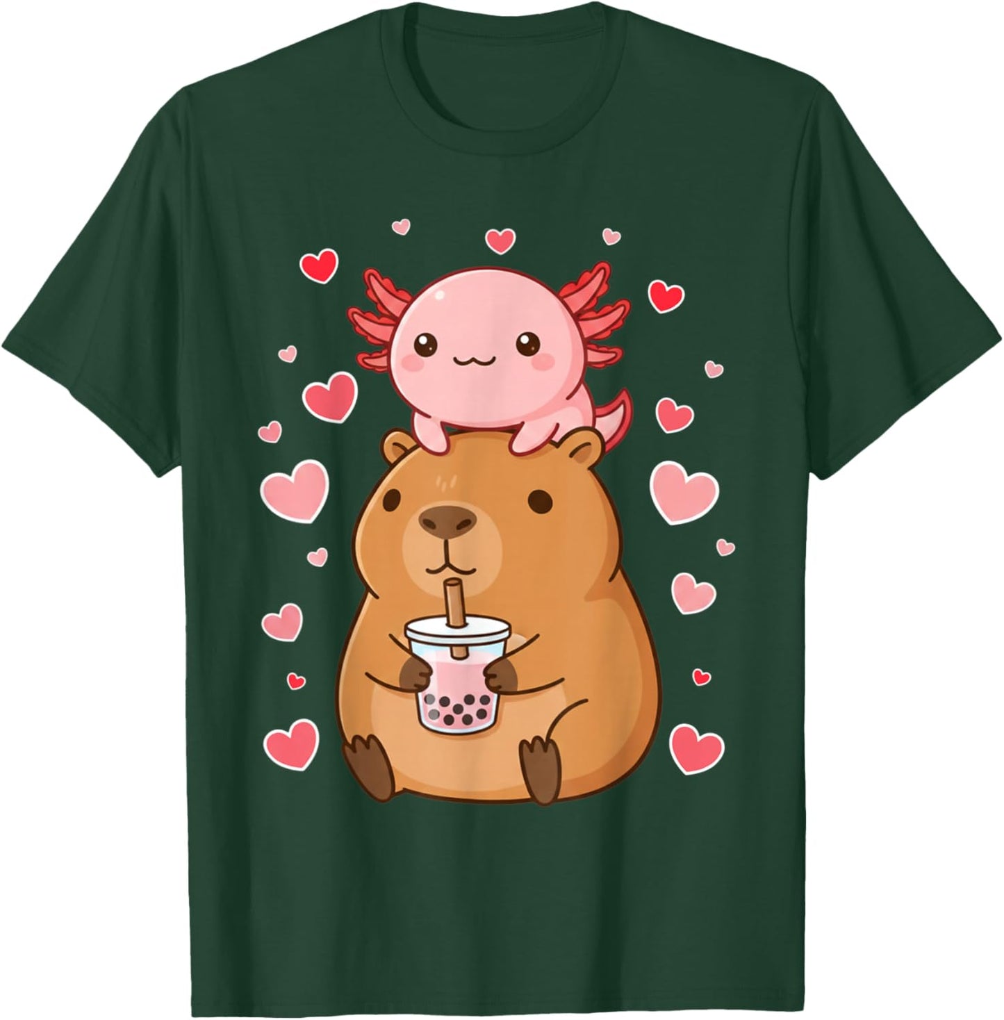 Cute Kawaii Axolotl Capybara Bubble Tea Boys Girls Valentine T-Shirt - T-Shirt | Forest