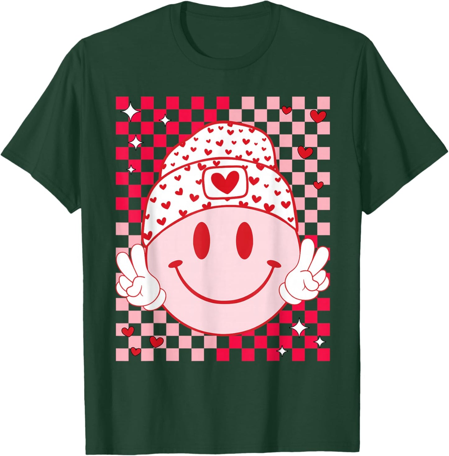 Groovy Valentine Vibes Cute Heart Happy Valentines Men Women T-Shirt - T-Shirt | Forest