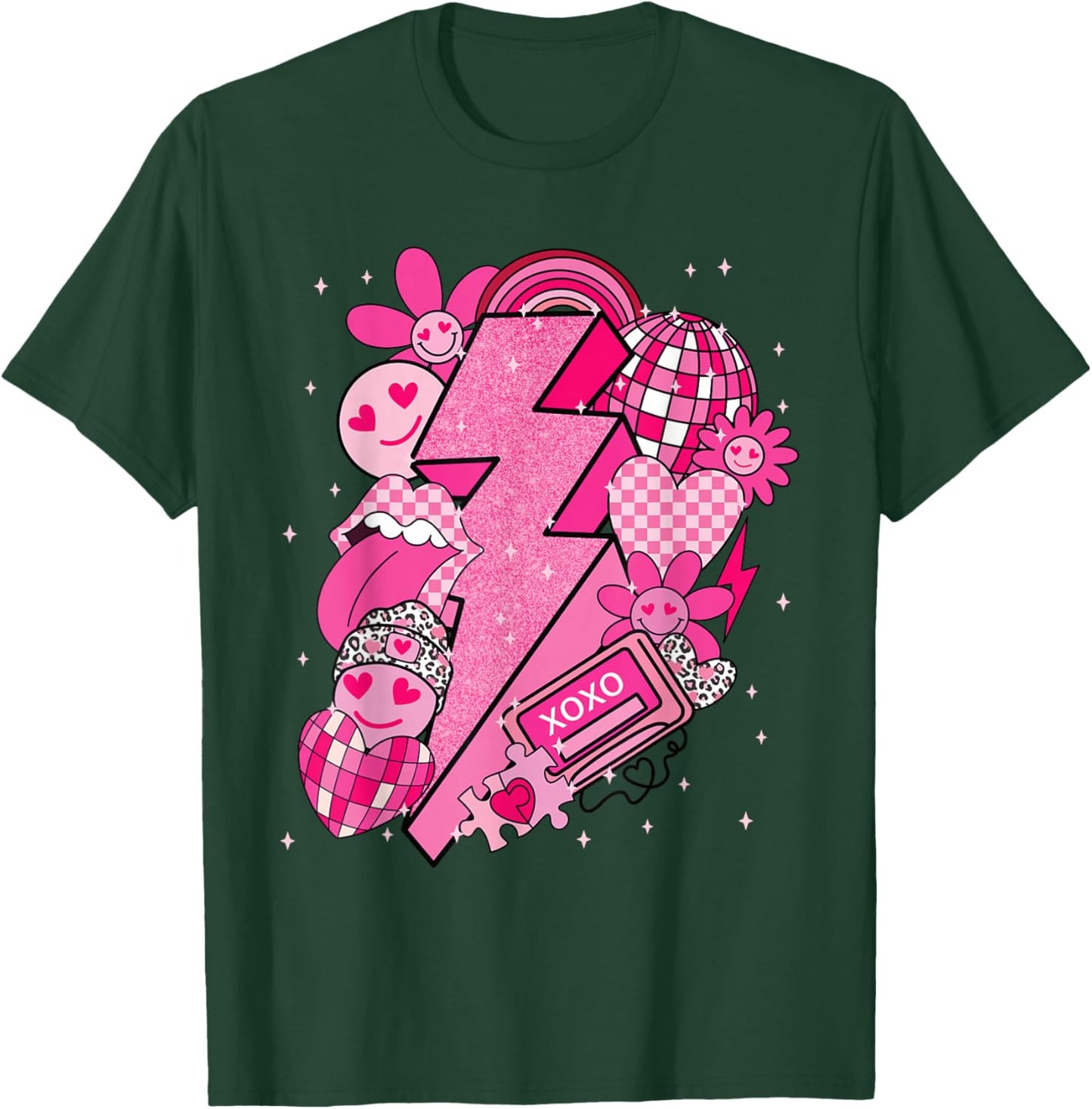 Valentine Love Lightning Bolt Disco Hearts Y2K Retro Graphic T-Shirt - T-Shirt | Forest