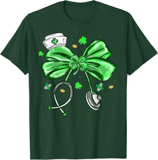 St Patrick's Day Nurse Coquette Bow Stethoscope Girl Women T-Shirt - T-Shirt | Forest