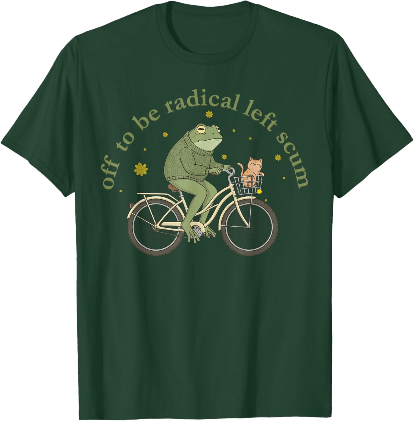 Off to Be Radical Left Scum Funny Frog and Cat on Bicycle T-Shirt - T-Shirt | Forest