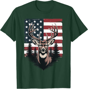 Deer Hunting American Flag Whitetail Buck Antlers Design T-Shirt - T-Shirt | Forest