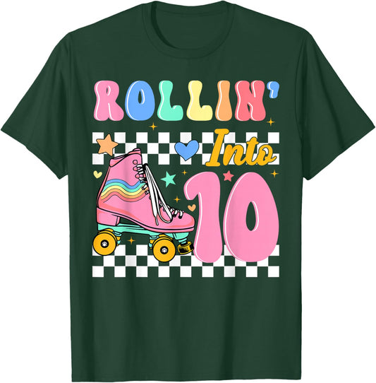 Rollin' Into 10 Years Old Roller Skating Girl 10th Birthday T-Shirt - T-Shirt | Forest