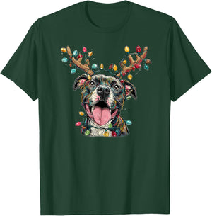 Santa Pitbull Reindeer Light Christmas T-Shirt - T-Shirt | Forest