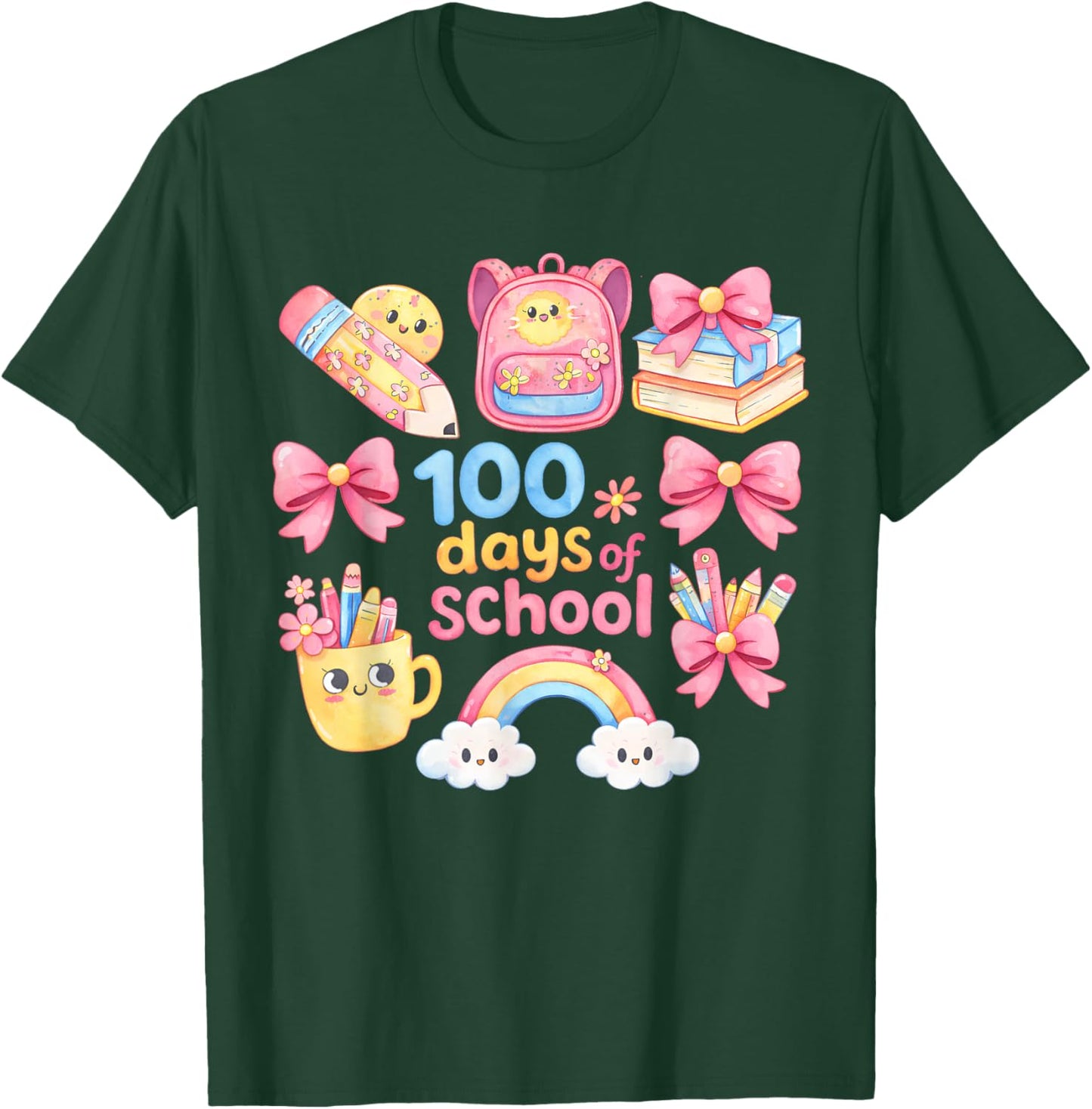 100 Days of School Girls Cute Bow 100th Day of School Kids T-Shirt - T-Shirt | Forest