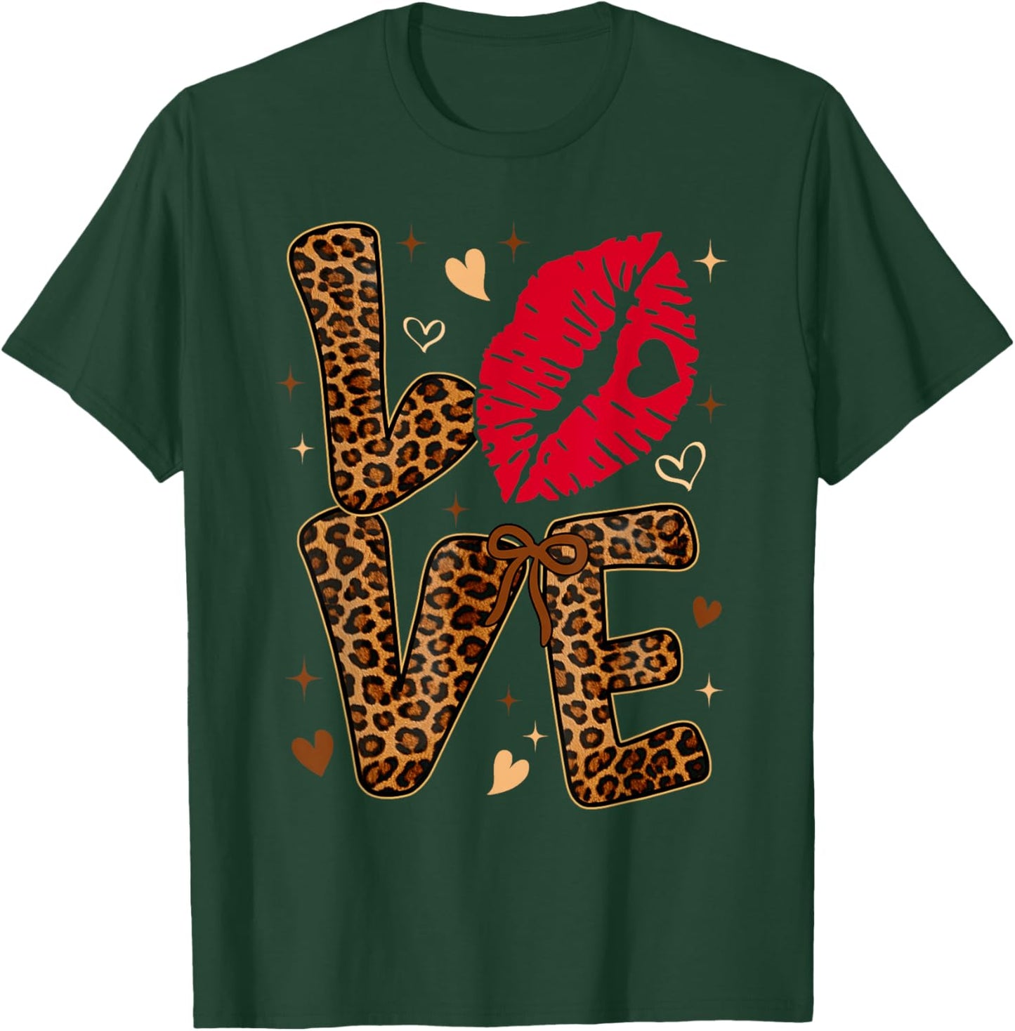 Valentine Leopard Print Love Red Lips Word Letter Girl Women T-Shirt - T-Shirt | Forest
