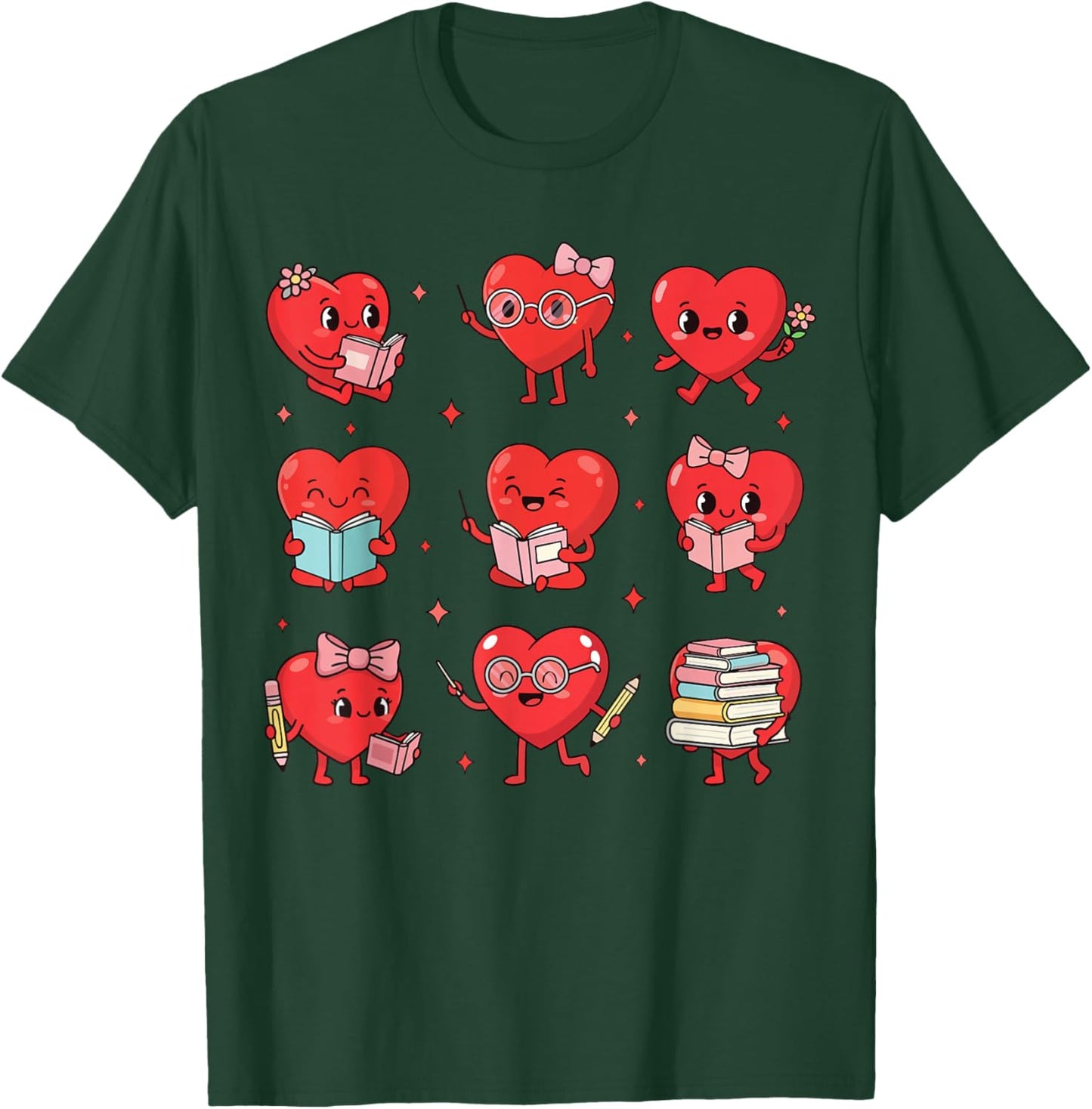 Cute Reading Hearts Valentine Day Book Lover Teacher Student T-Shirt - T-Shirt | Forest