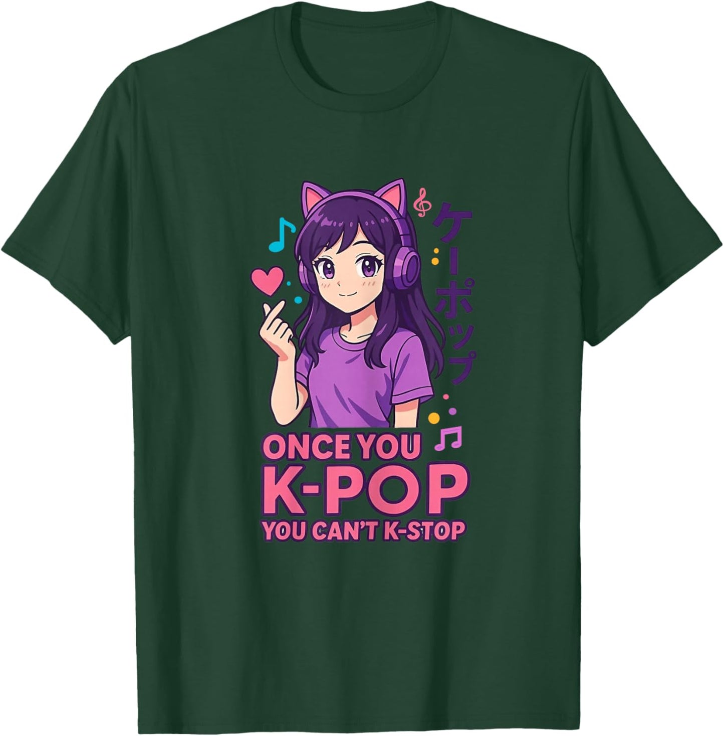 Cute Kawaii Girl with Cat Headphones Kpop Music Fans T-Shirt - T-Shirt | Forest