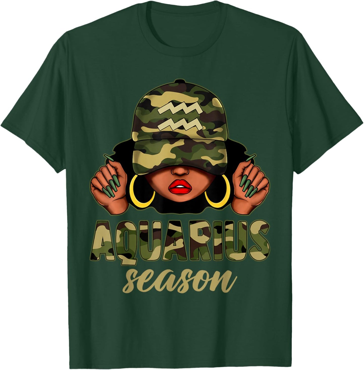 Aquarius Season Black Woman Camo Hat Afro Girl Zodiac T-Shirt - T-Shirt | Forest