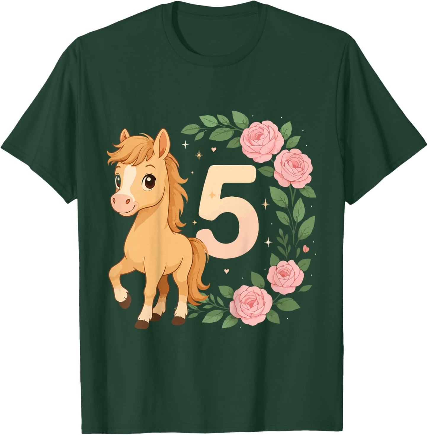 5th Birthday Girl Pony Horse Flowers 5 Years Old T-Shirt - T-Shirt | Forest