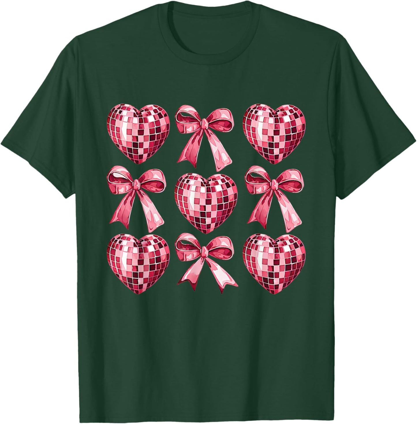 Pink Disco Heart & Bow Retro Valentine Aesthetic Women Teens T-Shirt - T-Shirt | Forest