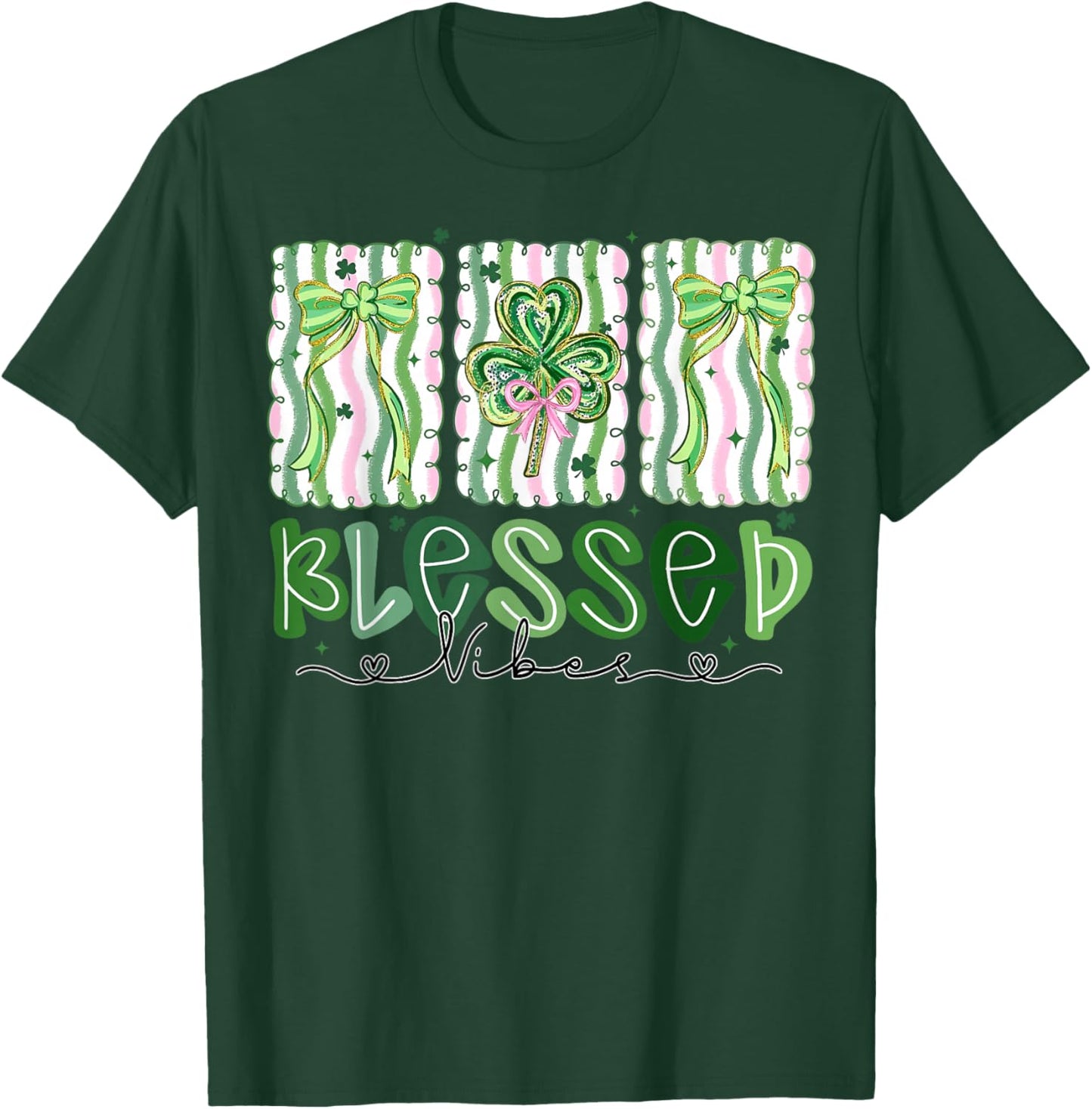 Preppy St Patrick's Day Shamrocks Coquette Bow Blessed Vibes T-Shirt - T-Shirt | Forest