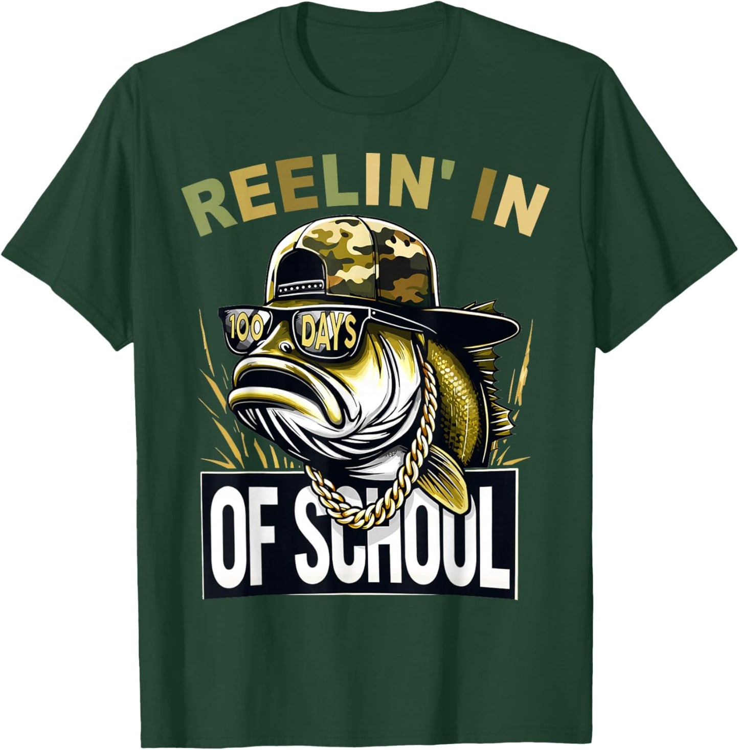 Retro Reelin’ in 100 Days of School Camo Bass Fishing Boys T-Shirt - T-Shirt | Forest